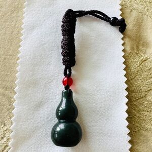 Dark Green Hetian Jade  Hulu Pendant with Red Bead